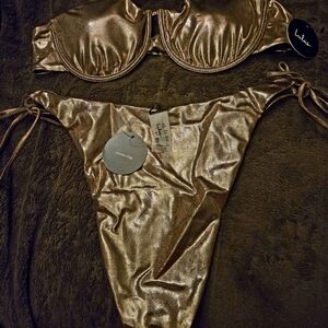 Lulus Shiny Bronze Bikini Set Size XL